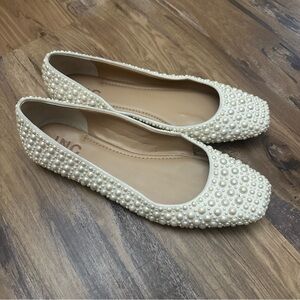 Cream Off White Pearl Beaded Square Toe Ballet Flats